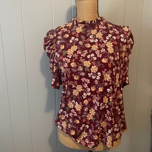 Cece Burgandy and Floral High Neck Blouse Size Large - Picture 1 of 5